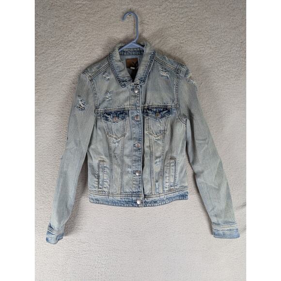 American Eagle Jacket Womens Medium Blue Distressed Denim Trucker Preppy - Picture 1 of 16